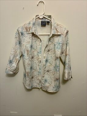 Cotton Express Cream Button-Down Shirt with Blue & Brown Floral Print